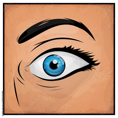 Comic Books Woman Eyes/ Illustration of a cartoon comic female eye watching and staring at you with surprise and grunge textured