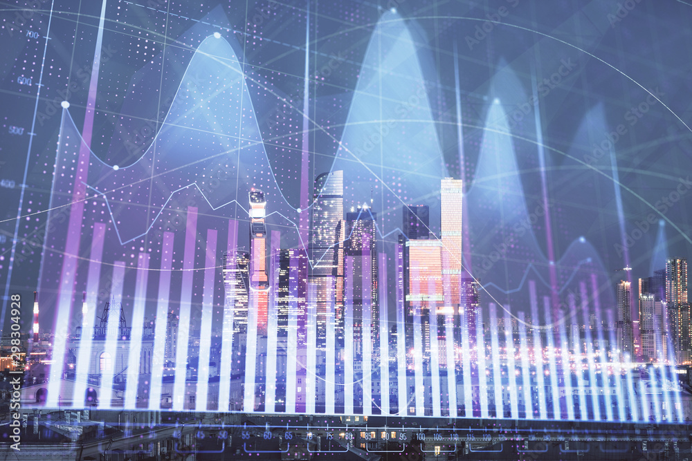 Double exposure of financial chart on Moscow city downtown background. Concept of stock market analysis Double exposure of financial chart on Moscow city downtown background. Concept of stock market analysis