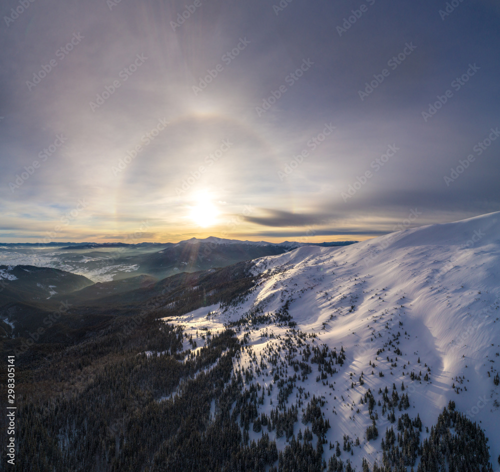 Mystical halo view at the ski slopes of mountain