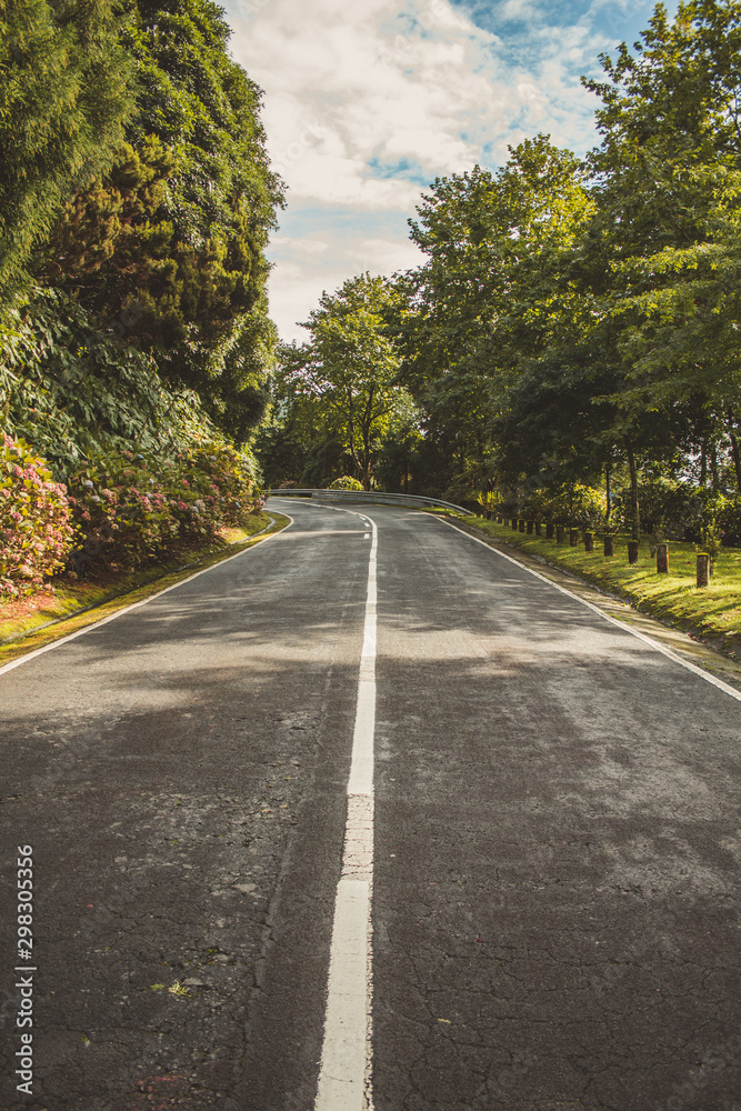 Empty road is leading through beautiful landscape on the island of Sao Miguel, Azores, Portugal Empty road is leading through beautiful landscape on the island of Sao Miguel, Azores, Portugal