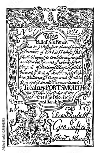 Paper Money, Six Pence Bill, 1742 vintage illustration.