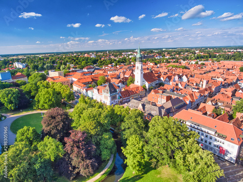 Celle aerial view from drone, Germany. Homes and city park