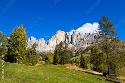 Beautiful alpine landscape. Carezza village. Roda di Vael mountain group.
