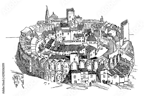 The Amphitheater at Arles vintage illustration.
