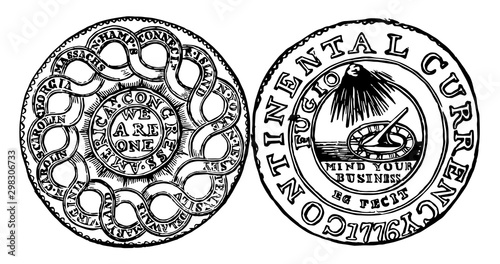 Pewter Dollar Coin, 1776 vintage illustration.