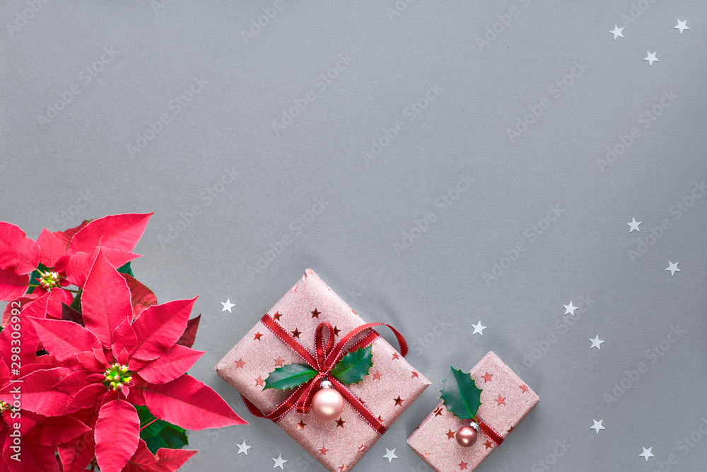 Festive Christmas background with wrapped pink gift boxes decorated with trinkets and holly leaf. Flat lay with vibrant red poinsettia plant on grey paper with stars, copy-space Festive Christmas background with wrapped pink gift boxes decorated with trinkets and holly leaf. Flat lay with vibrant red poinsettia plant on grey paper with stars, copy-space
