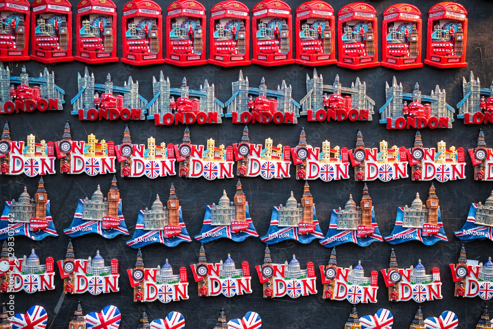 Souvenir London fridge magnets on display at Christmas market winter wonderland in London