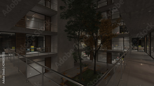 Illuminated Office Rooms Inside a Dimly Lit Building with an Interior Garden 3D Rendering