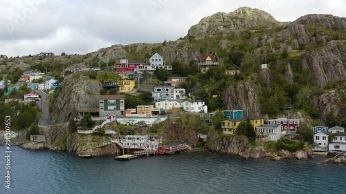 Aerial view of ocean and townhouses in newfoundland