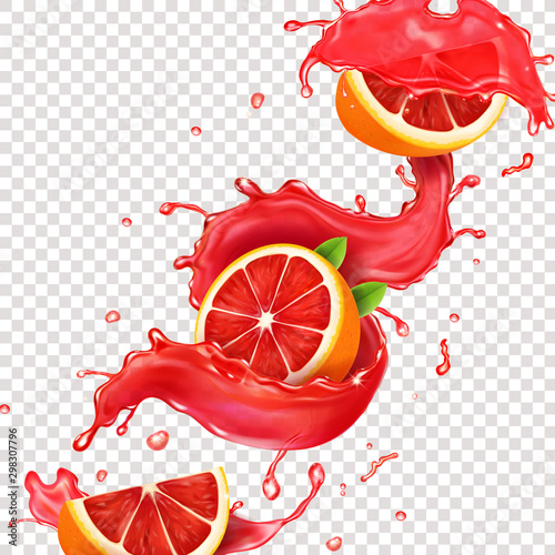 Grapefruit juice spiral realistic splash. Fresh citrus fruit realistic illustration