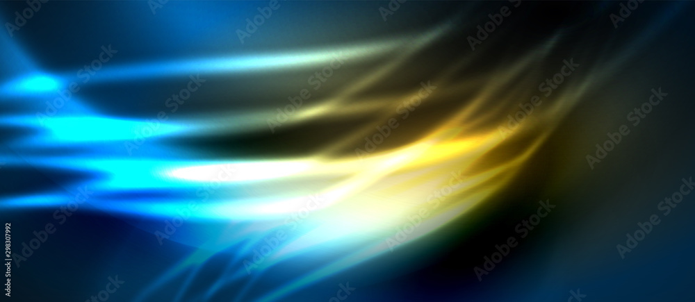 Obraz premium Neon abstract waves background. Shiny lights on bright colors with design elements. Futuristic or technology template illustration, hi-tech concept