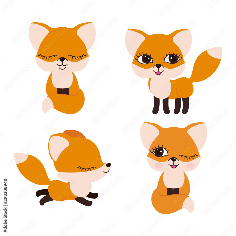 Cute fox, sleeping, standing, running and winking.