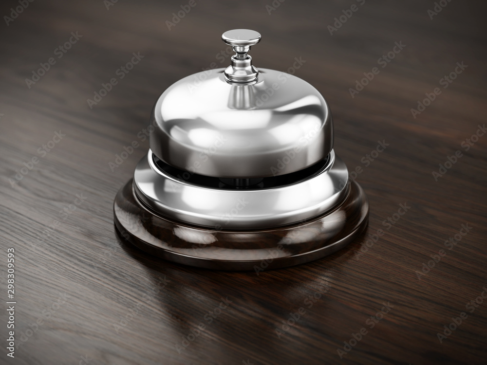 Service, hotel concept. Golden reception bell on wooden reception table - 3d illustration Service, hotel concept. Golden reception bell on wooden reception table - 3d illustration