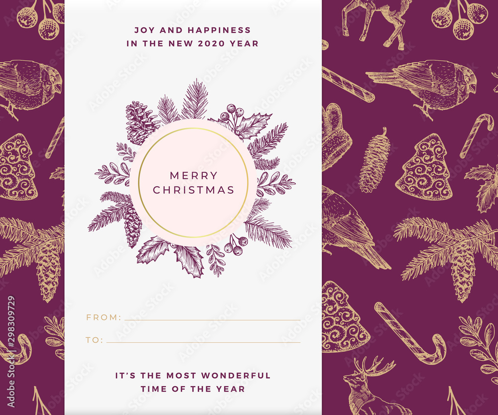 Christmas vector banner template. Xmas decorative sketch pattern background layout. Winter season wishes trendy round frame with Christmas Illustrations. December holiday greeting card purple design