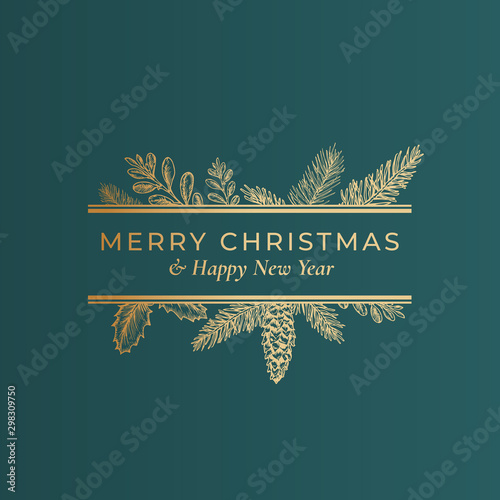 Christmas Abstract Botanical Label with Rectangle Frame Banner and Modern Typography. Classy Green and Golden Colors Greeting Layout. Holiday Social Media Post Template.