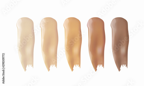 Foundation smears texture isolated on white background. Liquid color smudge swatch set. Vector cosmetic makeup concealer shades.