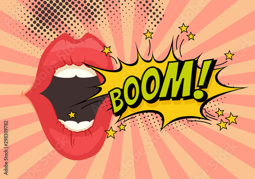 Speech Bubble with Woman lips in Pop-Art Style. Boom sound text.