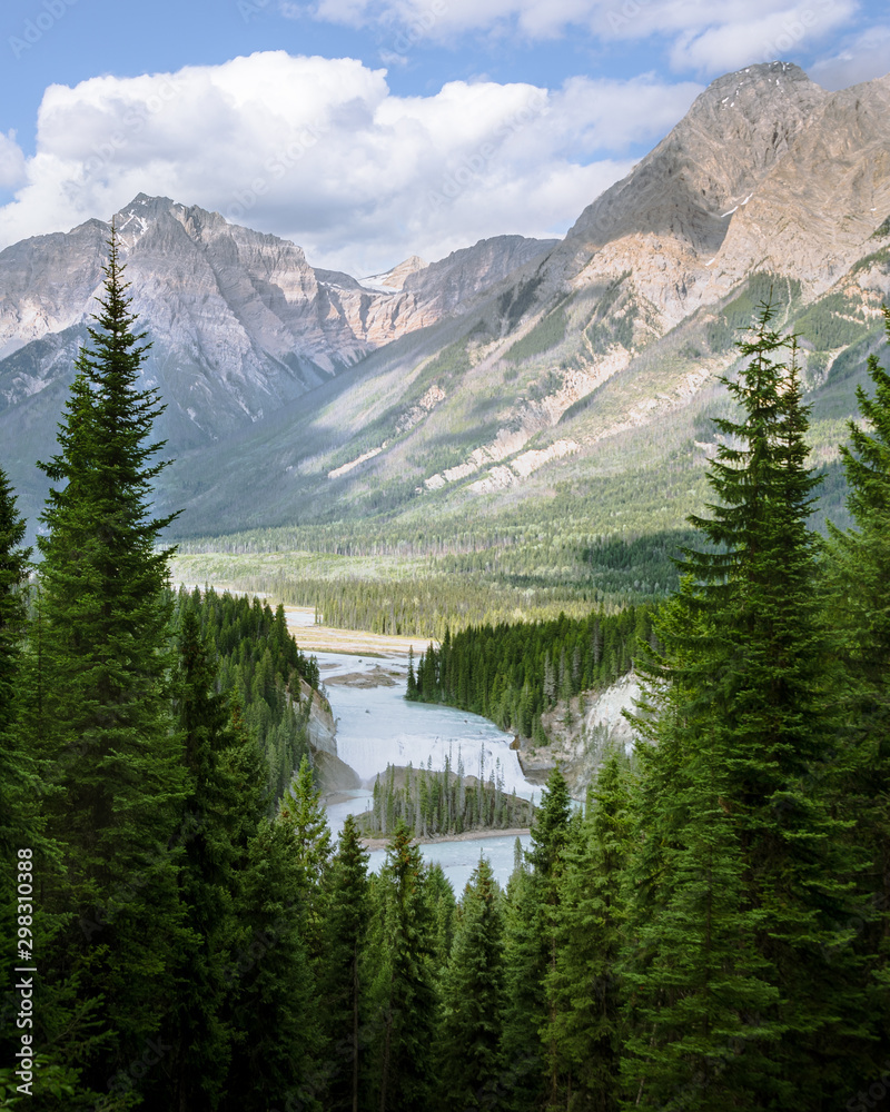 View of Wapta falls and mountains in Yoho National park Canada - obrazy, fototapety, plakaty 