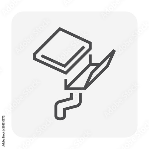 Fascia style gutter vector icon. Also call rain gutter or eavestrough. Include downpipe or downspout and pipeline for water discharge, drainage system to protect building from rainwater flow off roof.