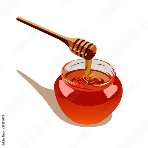 A glass pot full of honey and honey dipper vector illustration