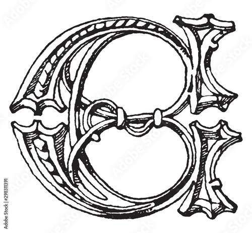 E, Gothic Uncial, vintage illustration photo