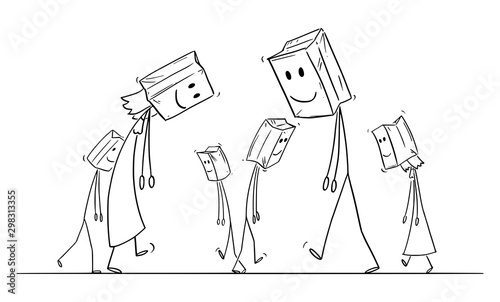 Vector cartoon stick figure drawing conceptual illustration of sad and depressed people walking on the street, with paper bags with painted smile on their heads as mask.