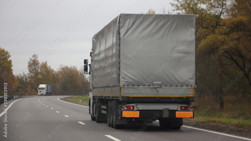 Transportation Logistics, international freight by road, grey European tented semi truck drive to the two-lane suburban asphalted road in the autumn day, rear side view