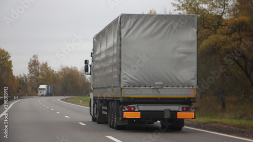 Transportation Logistics, international freight by road, grey European tented semi truck drive to the two-lane suburban asphalted road in the autumn day, rear side view