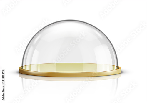 Glass dome and wooden tray realistic vector. Glass round dome with plate, food storage container or product presentation case with reflection isolated on white background
