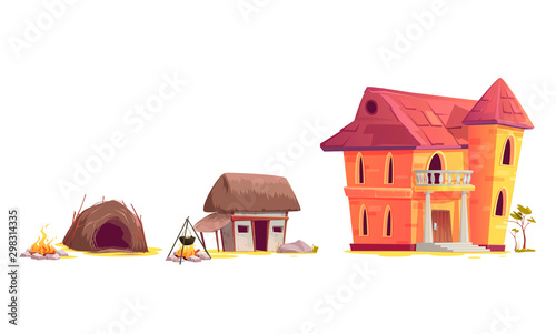 Evolution of house architecture, cartoon vector illustration. Human home dwelling development process, hut of branches icon, medieval rural house, old stone mansion isolated on white