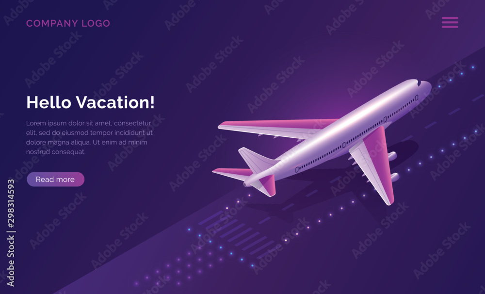 Hello, vacation, isometric travel concept vector illustration. Airport runway with burning lights and plane taking off on purple background. Modern design for web page, ticket sales or travel agency Hello, vacation, isometric travel concept vector illustration. Airport runway with burning lights and plane taking off on purple background. Modern design for web page, ticket sales or travel agency