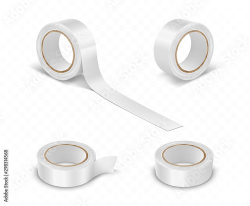 White duct roll adhesive tape realistic set vector illustration isolated on transparent background. Office and household supplies, construction sellotape