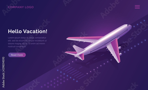 Hello, vacation, isometric travel concept vector illustration. Airport runway with burning lights and plane taking off on purple background. Modern design for web page, ticket sales or travel agency