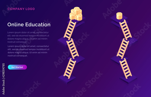 Online education or success ladder isometric concept vector illustration. Multilevel bases with gold coins at top and wooden stairs on violet background, landing web site page for educational training