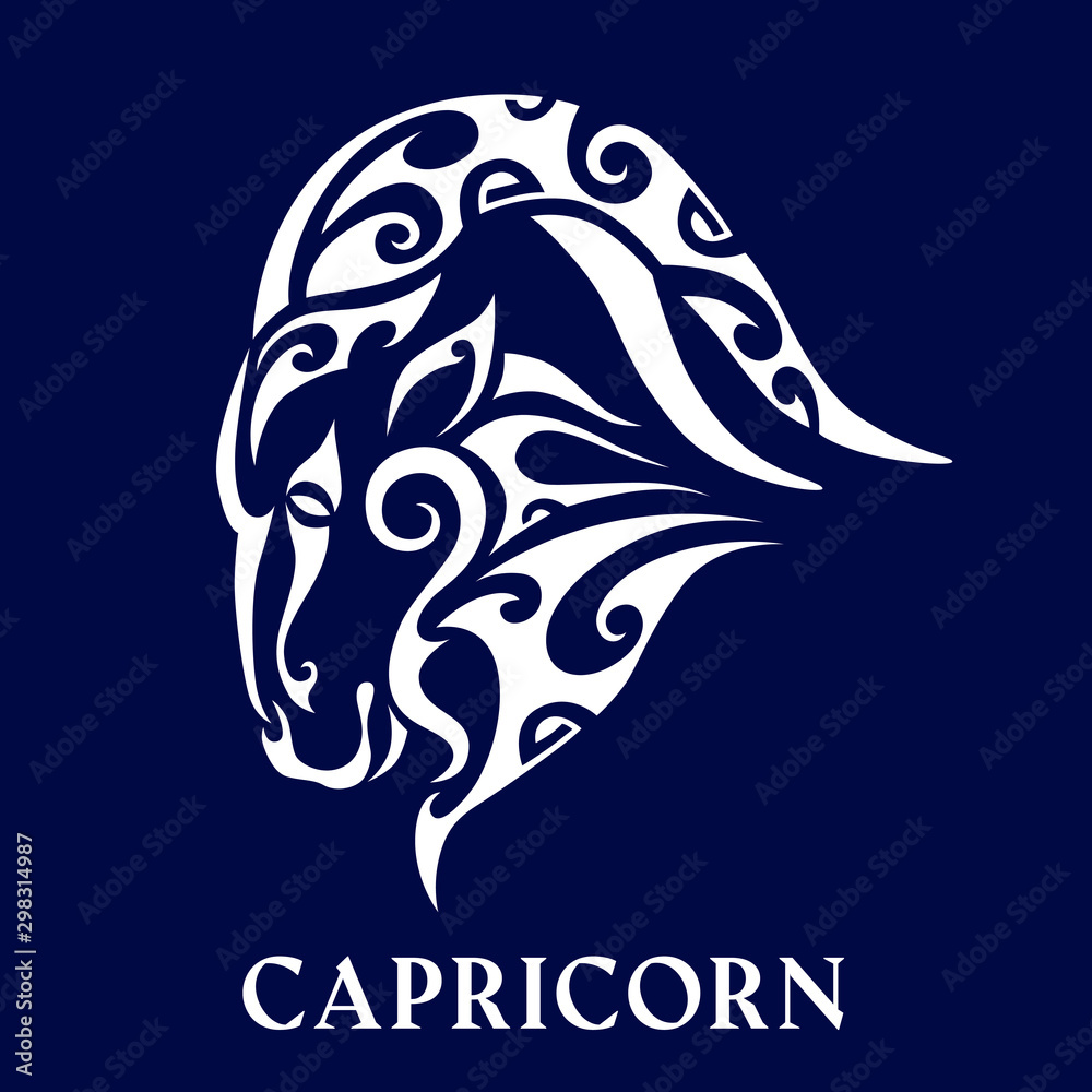 Capricorn. Tattoo maori tribal style. Horoscope. Astrological zodiac sign. Silhouette isolated on blue background