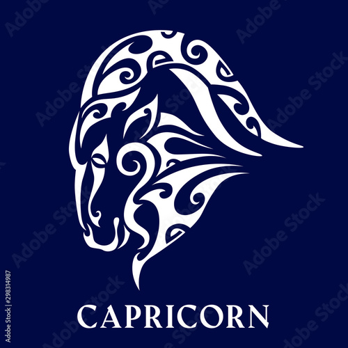 Capricorn. Tattoo maori tribal style. Horoscope. Astrological zodiac sign. Silhouette isolated on blue background