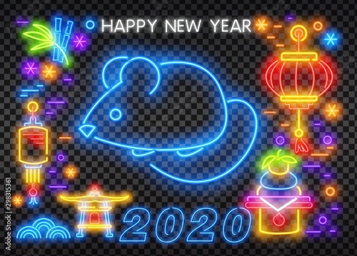 2020 Chinese New Year neon sign  bright signboard  light banner. Chinese logo neon  emblem. 2020 Chinese. Vector illustration