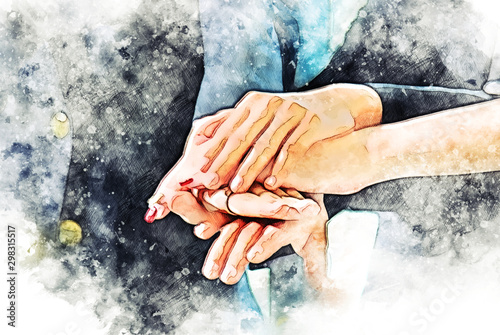 Abstract colorful close up handshake business partner on watercolor illustration painting background. photo