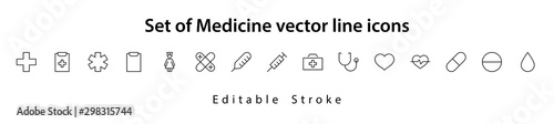 Set of Medicine vector line icons. It contains the first aid kit, nurse, syringe, thermometer, plastic, pills, heart, drop of blood, palpitation and much more. Editable Stroke. 32x32 pixels.