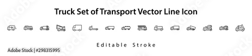 Truck Set of Transport Vector Line Icons. Contains such Icons as Truck, Transportation, Tow Truck, Cranes, Mixer, Garbage Truck, Manipulators, Delivery service and more. Editable Stroke. 32x32 Pixel