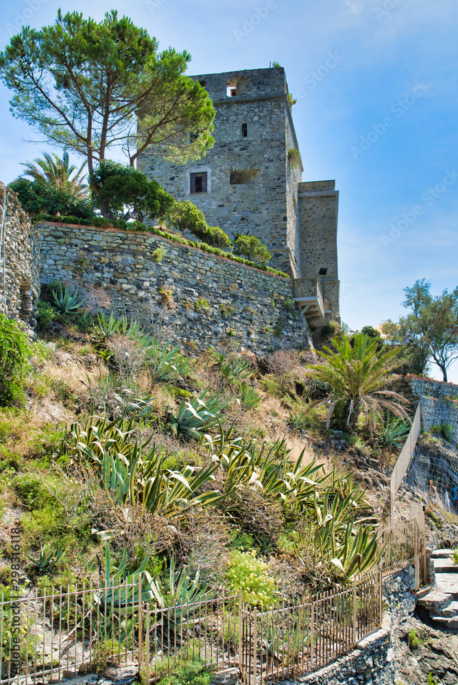 In the mountains near the Ligurian Sea, a fortification on a hill, Italy