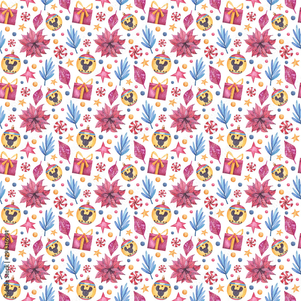 Fototapeta premium Cute festive pattern with watercolor elements for New Year and Christmas with gifts, twigs, Christmas ball and sweets.