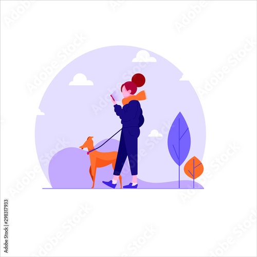 illustration of a woman holding a cellphone walking along with her dog. © kalongart
