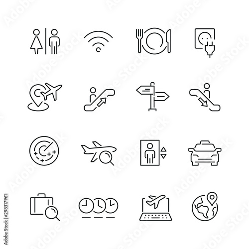 Airport related icons: thin vector icon set, black and white kit