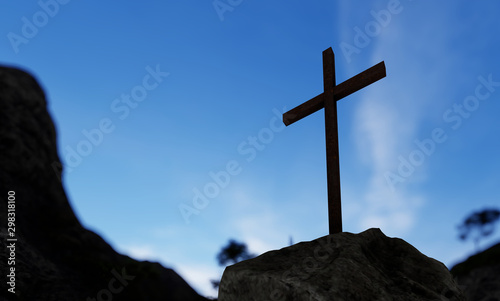 Concept or conceptual religious christian cross standing on rock on the mountain over beautiful sunset sky. A background for faith, religion belief, Jesus Christ or spiritual church 3D illustration