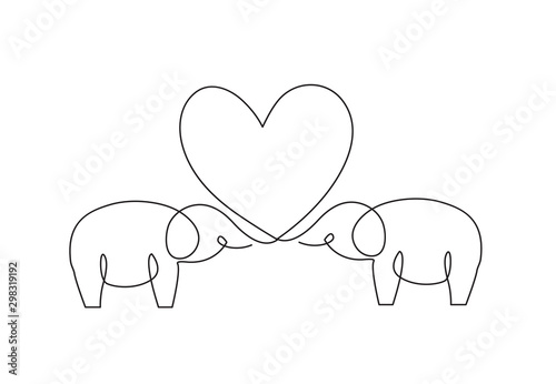 Continuous line elephant with love. Single line vector illustration.
