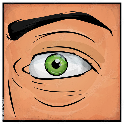Comic Books Man Eyes/ Illustration of a cartoon comic male eye watching and staring at you with surprise and grunge textured