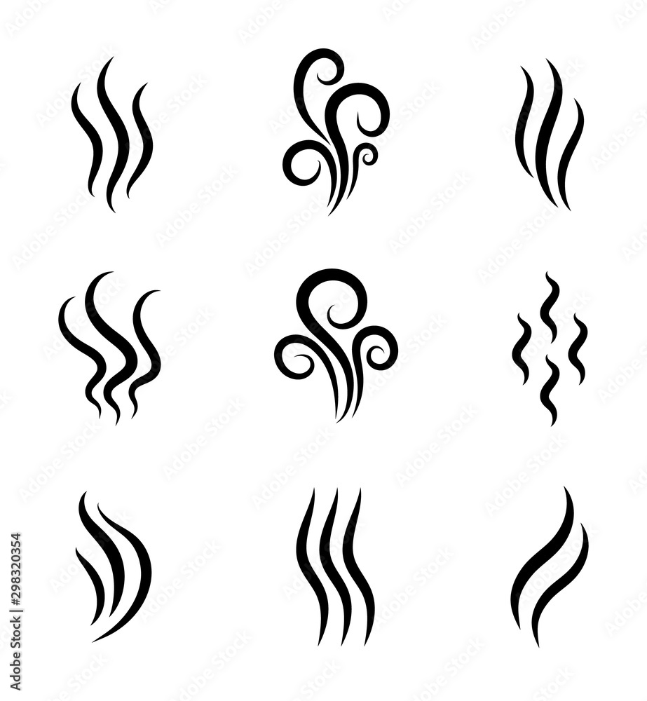 Aromas, smell vaporize icon. Outline symbols smoke, cooking steam odour, fume of flame. Hot aroma odors signs set. Wave of stench isolated. vector abstract illustration
