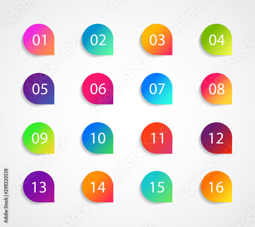 Bullet marker icon with number 1, 3, 4, 5, 7, 9, 10, 12 for infographic, presentation. Set of graphic pointer with steps. Sticky point bullet gradient color. Template label info bullet. vector