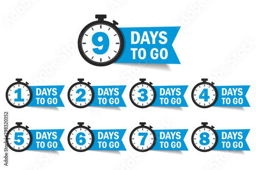 Countdown 1, 2, 3, 4, 5, 6, 7, 8, 9, days left label or emblem set. Day left counter icon with clock for sale promotion, promo offer. Flat badge with number of count down time. vector isolated